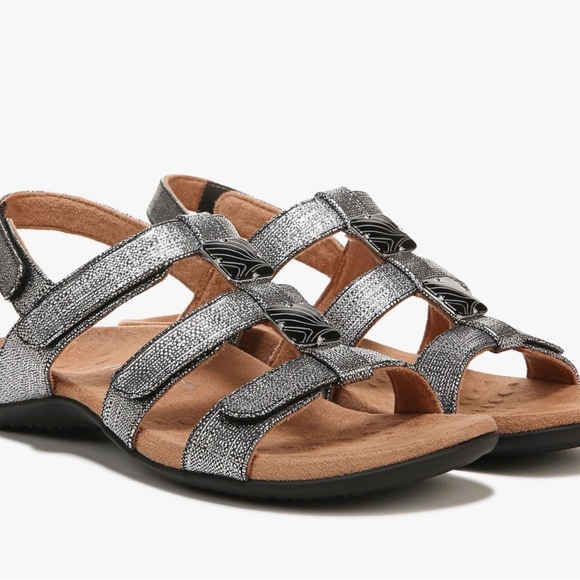 NEW Vionic Amber Adjustable Backstrap Slide Sandals Black Metallic Linen - Picture 3 of 4